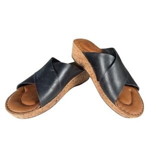 Born Black Leather Crisscross Cork Wedge Slide Sandals Women's Size 9/40.5